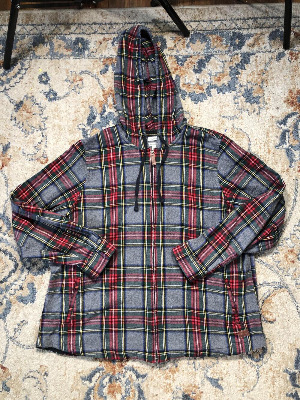 LL Bean Jacket Womens 1X Plus Blue Plaid Flannel Hooded Full Zip Pockets Casual